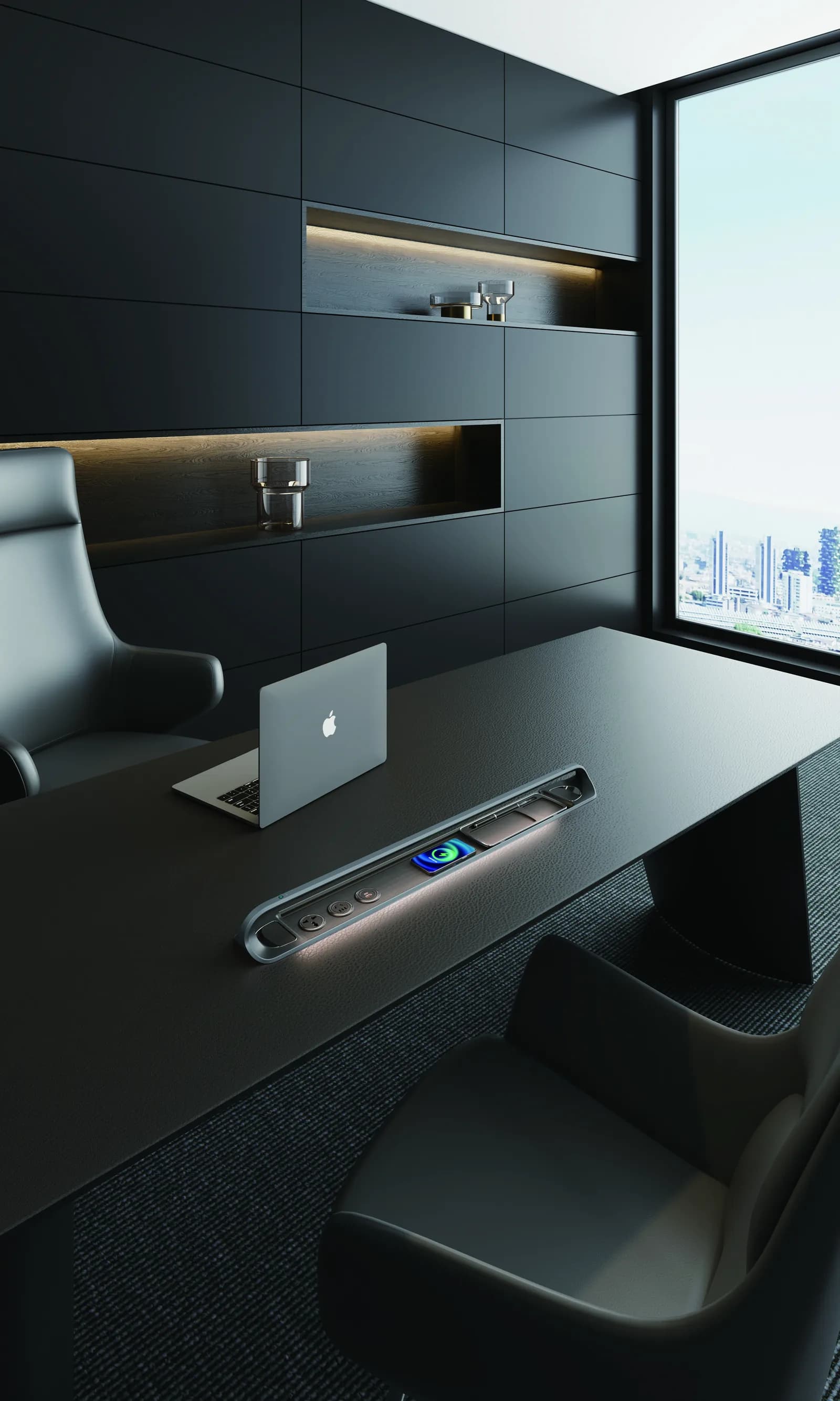 Recessed desk power track on an office desk