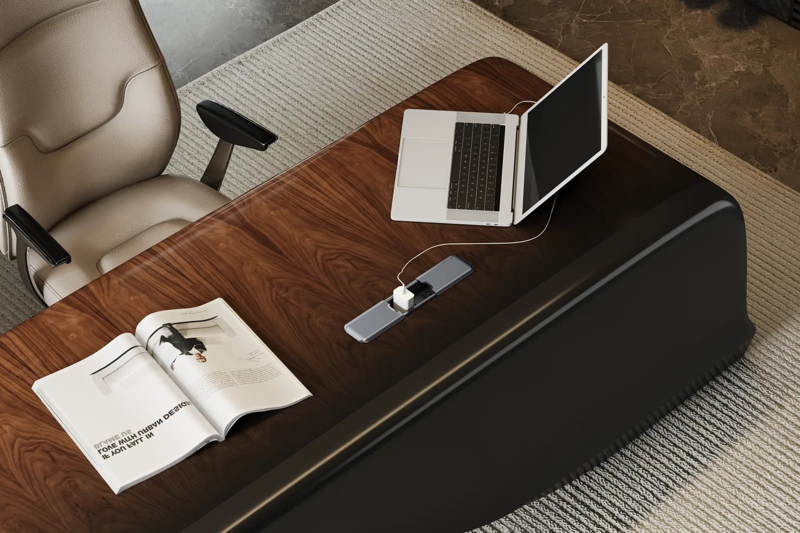 Desktop cable box with concealed wiring on a conference table