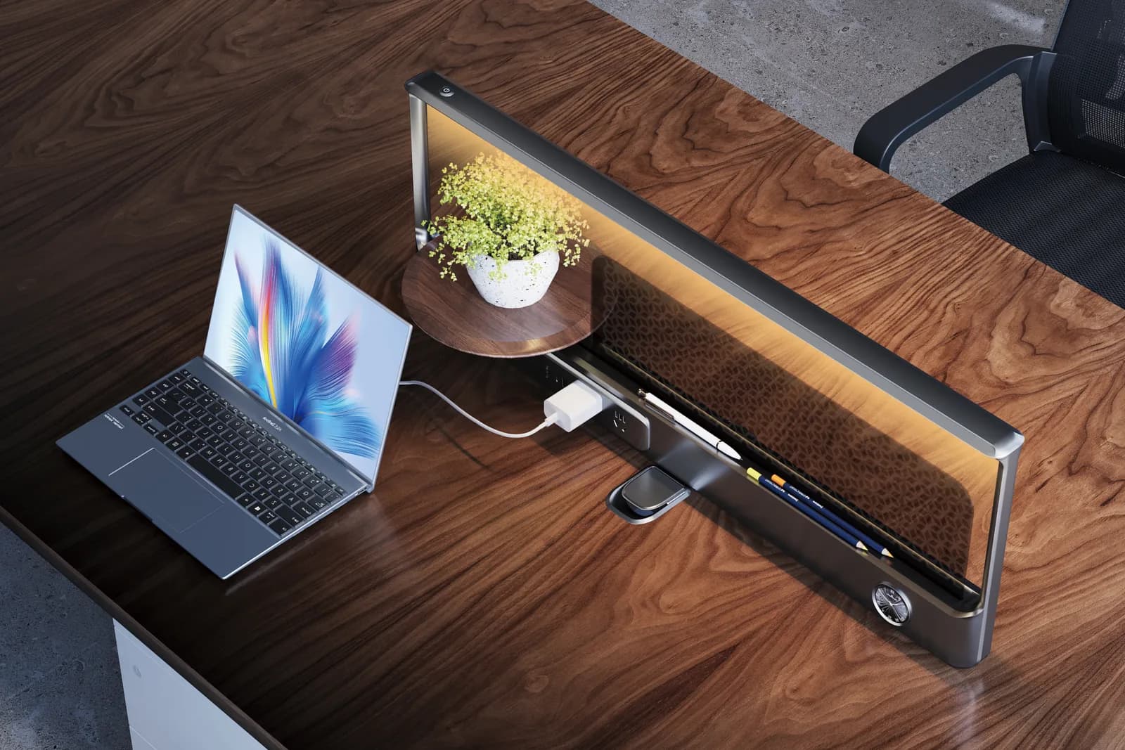 Screen and partition hardware in an open-plan workstation